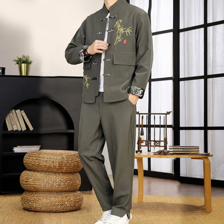 Ensemble de vêtements pour homme Buddha Stones 2 pièces Tang Suit Bamboo Frog-Button : chemise à manches longues et pantalon - image 15