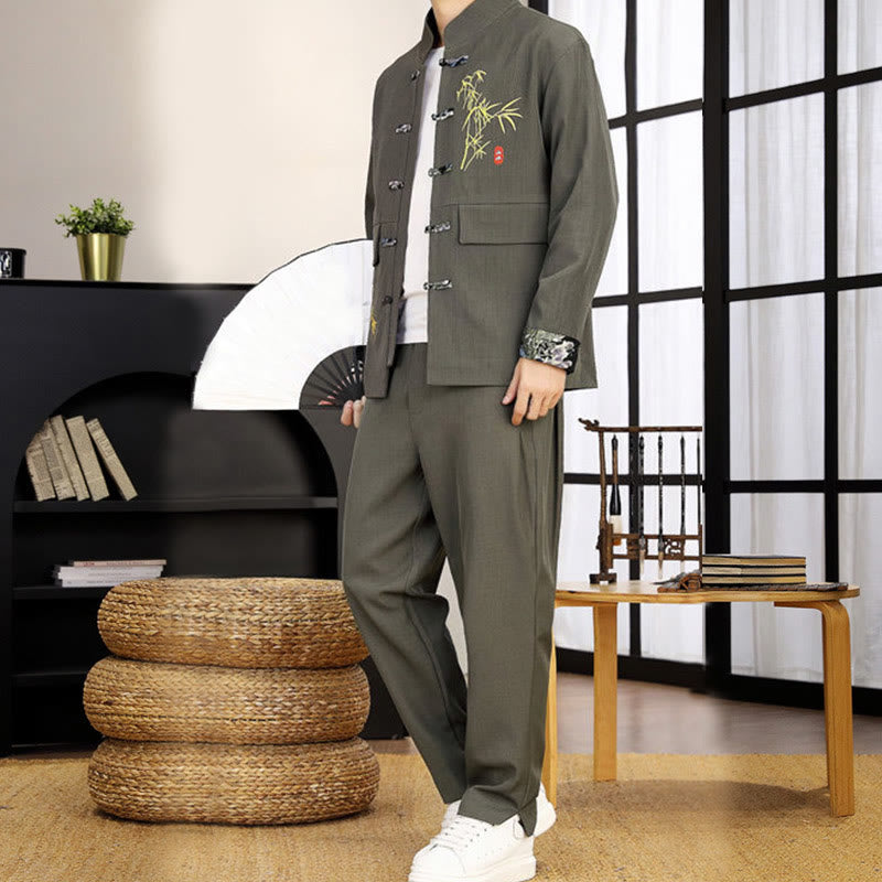 Ensemble de vêtements pour homme Buddha Stones 2 pièces Tang Suit Bamboo Frog-Button : chemise à manches longues et pantalon - image 16