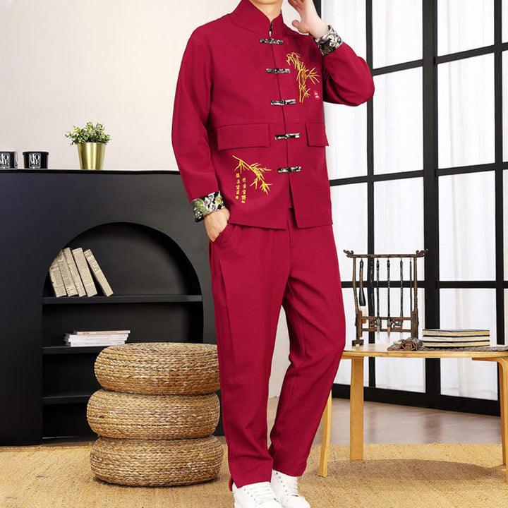Ensemble de vêtements pour homme Buddha Stones 2 pièces Tang Suit Bamboo Frog-Button : chemise à manches longues et pantalon - image 23