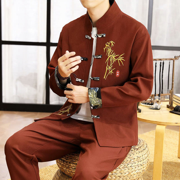 Ensemble de vêtements pour homme Buddha Stones 2 pièces Tang Suit Bamboo Frog-Button : chemise à manches longues et pantalon - image 28