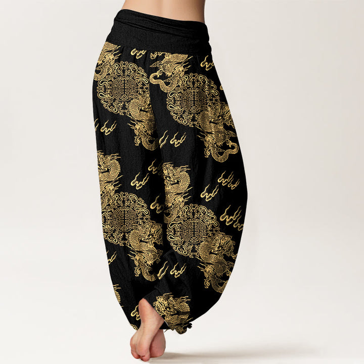 Pantalon harem pour femme, taille élastique, en pur coton, motif double dragon et nuage , Buddha Stones - image 1