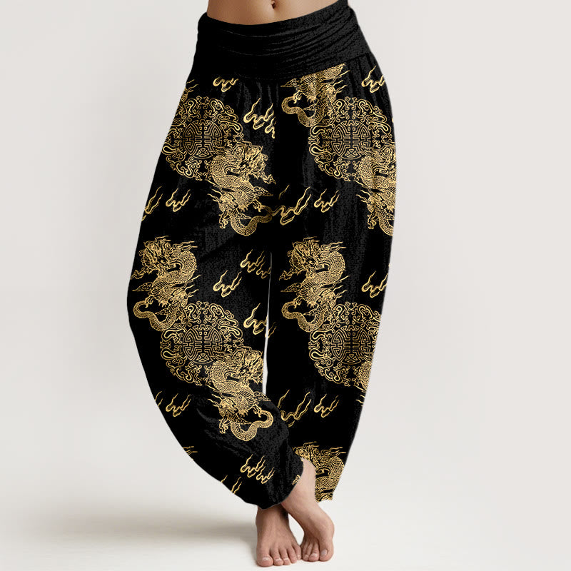 Pantalon harem pour femme, taille élastique, en pur coton, motif double dragon et nuage , Buddha Stones - Noir - US16，UK/AU20，EU48 (3XL) - image 0