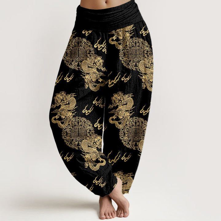 Pantalon harem pour femme, taille élastique, en pur coton, motif double dragon et nuage , Buddha Stones - Noir - US16，UK/AU20，EU48 (3XL) - image 0
