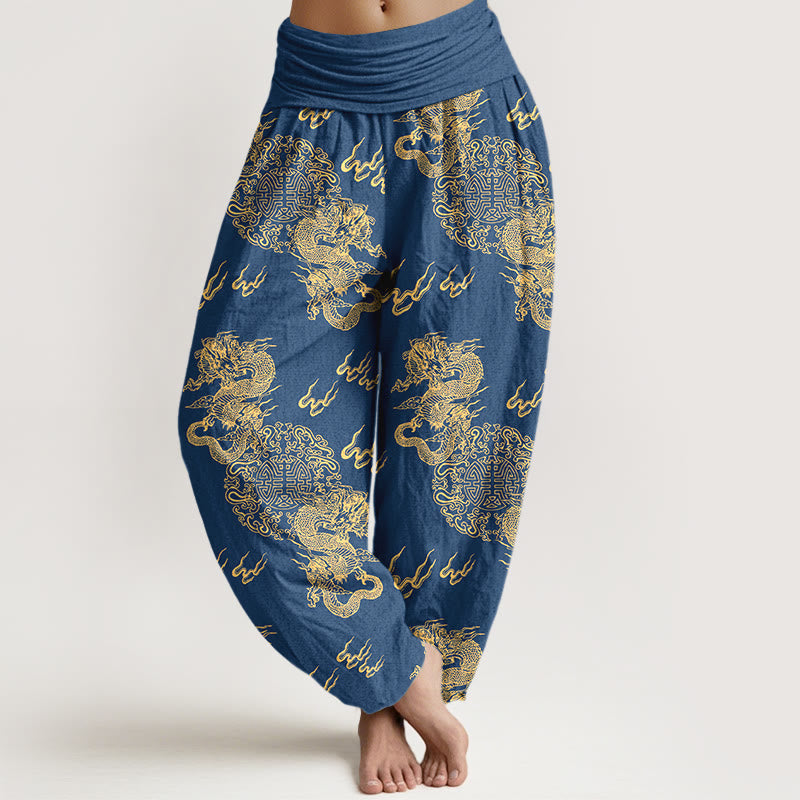 Pantalon harem pour femme, taille élastique, en pur coton, motif double dragon et nuage , Buddha Stones - SteelBlue - US16，UK/AU20，EU48 (3XL) - image 5