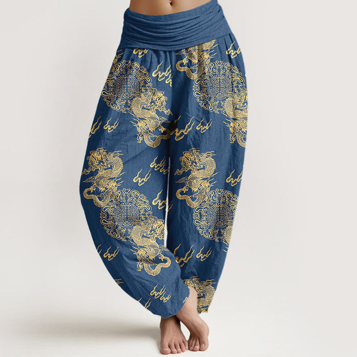 Pantalon harem pour femme, taille élastique, en pur coton, motif double dragon et nuage , Buddha Stones - SteelBlue - US16，UK/AU20，EU48 (3XL) - image 5