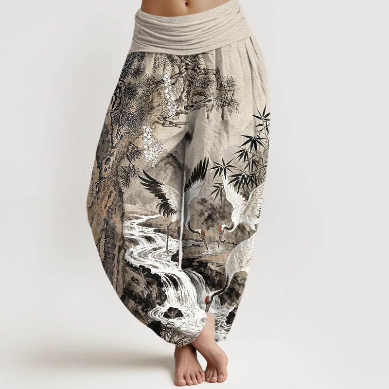 Pantalon harem pour femme, taille élastique, en pur coton, motif grue à couronne rouge et Buddha Stones - Tanné - US16，UK/AU20，EU48 (3XL) - image 0