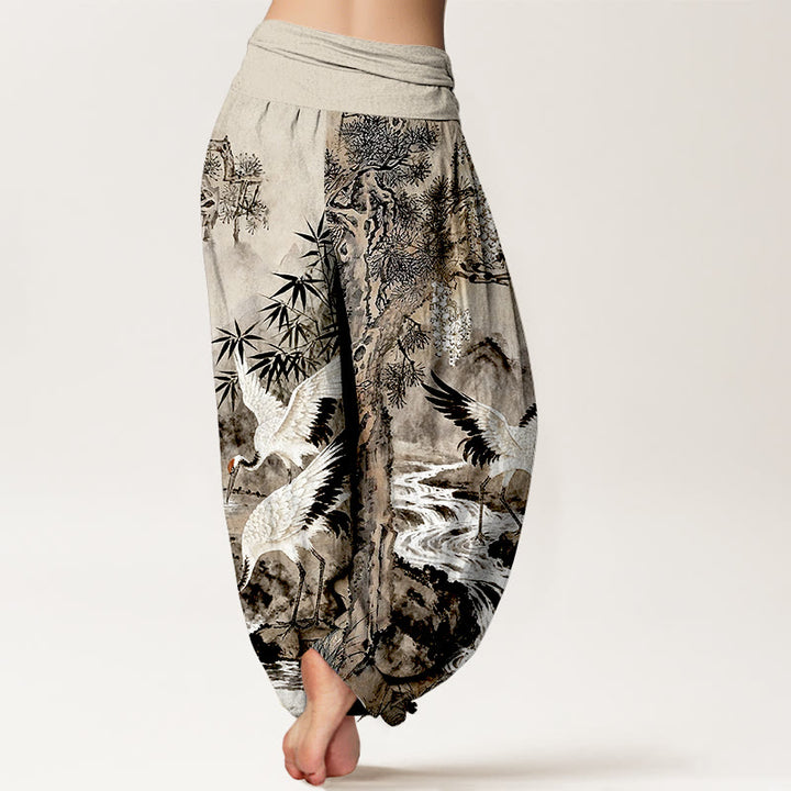 Pantalon harem pour femme, taille élastique, en pur coton, motif grue à couronne rouge et Buddha Stones - image 1