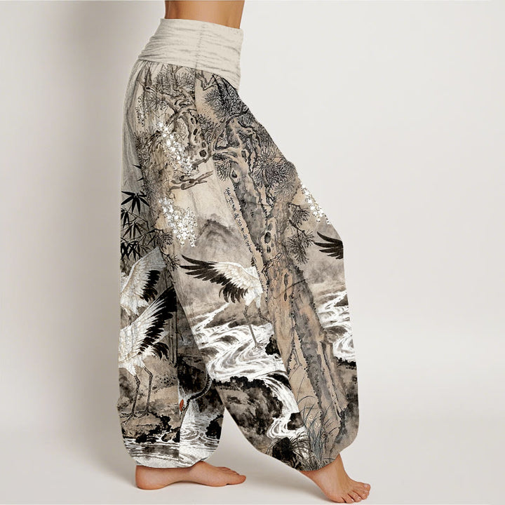 Pantalon harem pour femme, taille élastique, en pur coton, motif grue à couronne rouge et Buddha Stones - image 2