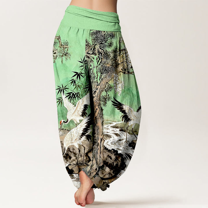 Pantalon harem pour femme, taille élastique, en pur coton, motif grue à couronne rouge et Buddha Stones - image 6