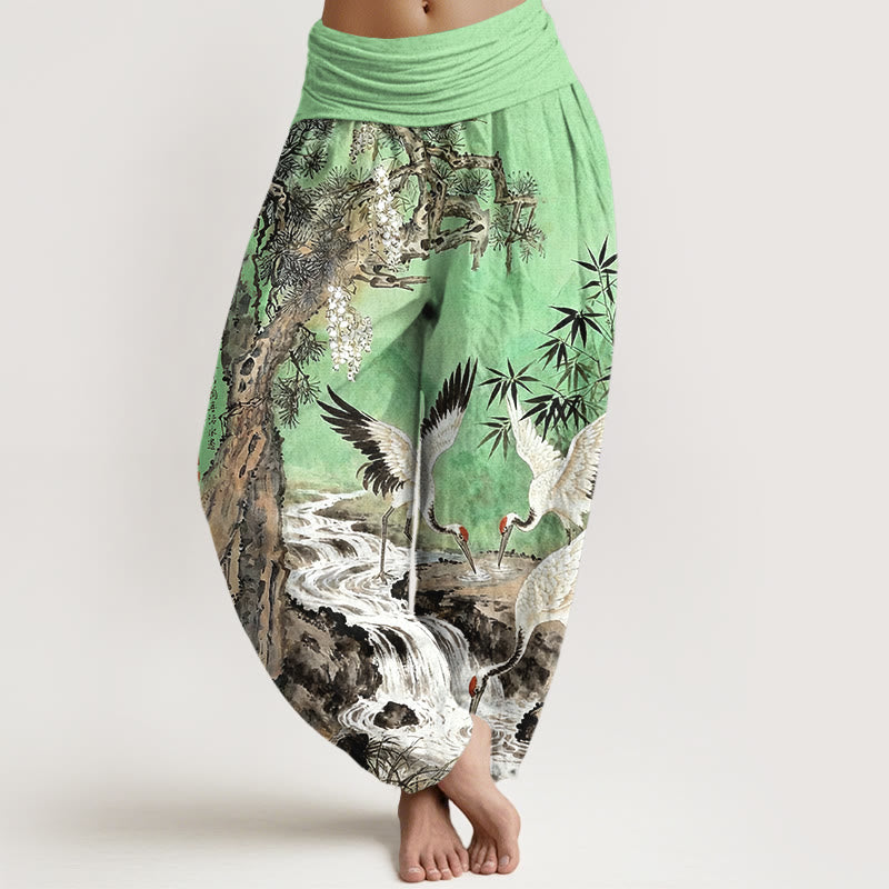 Pantalon harem pour femme, taille élastique, en pur coton, motif grue à couronne rouge et Buddha Stones - Vert clair - US16，UK/AU20，EU48 (3XL) - image 5