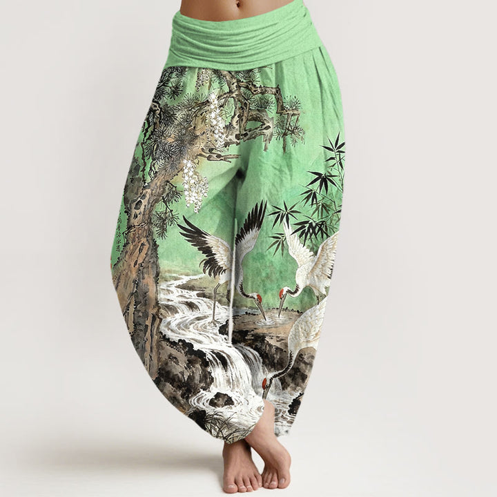 Pantalon harem pour femme, taille élastique, en pur coton, motif grue à couronne rouge et Buddha Stones - Vert clair - US16，UK/AU20，EU48 (3XL) - image 5