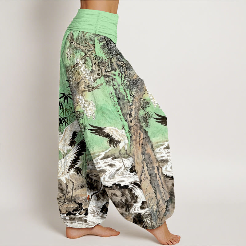 Pantalon harem pour femme, taille élastique, en pur coton, motif grue à couronne rouge et Buddha Stones - image 7