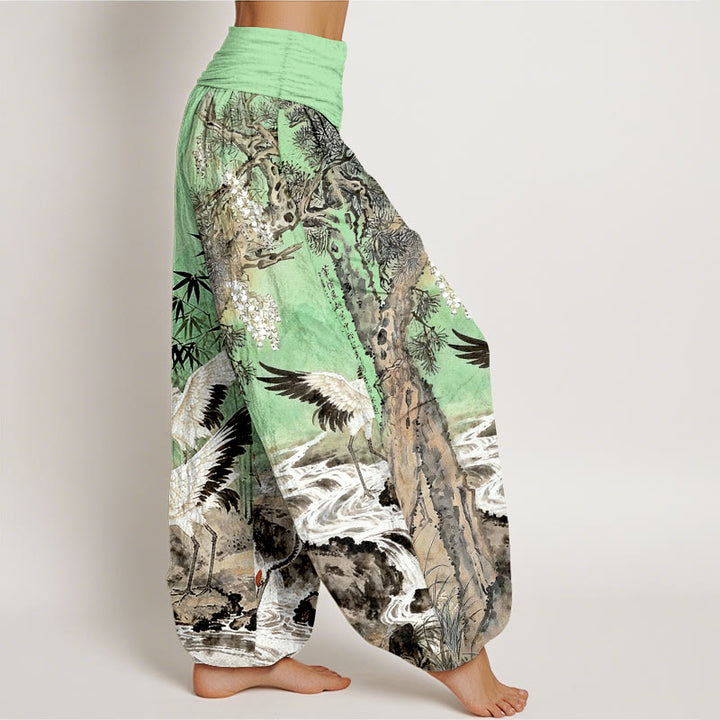 Pantalon harem pour femme, taille élastique, en pur coton, motif grue à couronne rouge et Buddha Stones - image 7