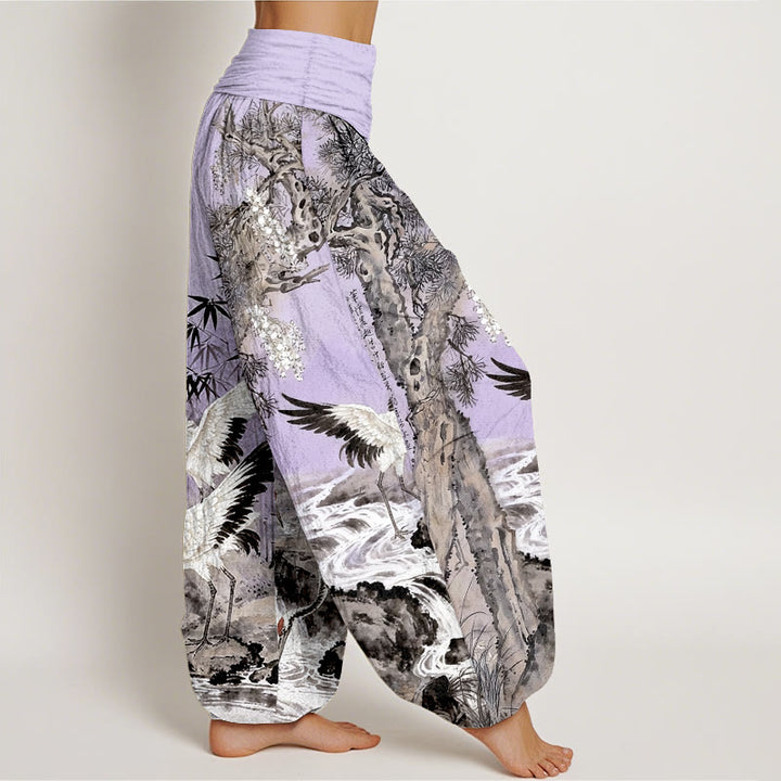 Pantalon harem pour femme, taille élastique, en pur coton, motif grue à couronne rouge et Buddha Stones - image 10