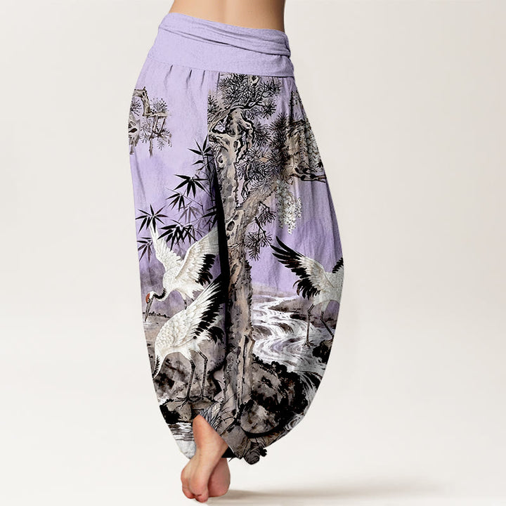 Pantalon harem pour femme, taille élastique, en pur coton, motif grue à couronne rouge et Buddha Stones - image 9