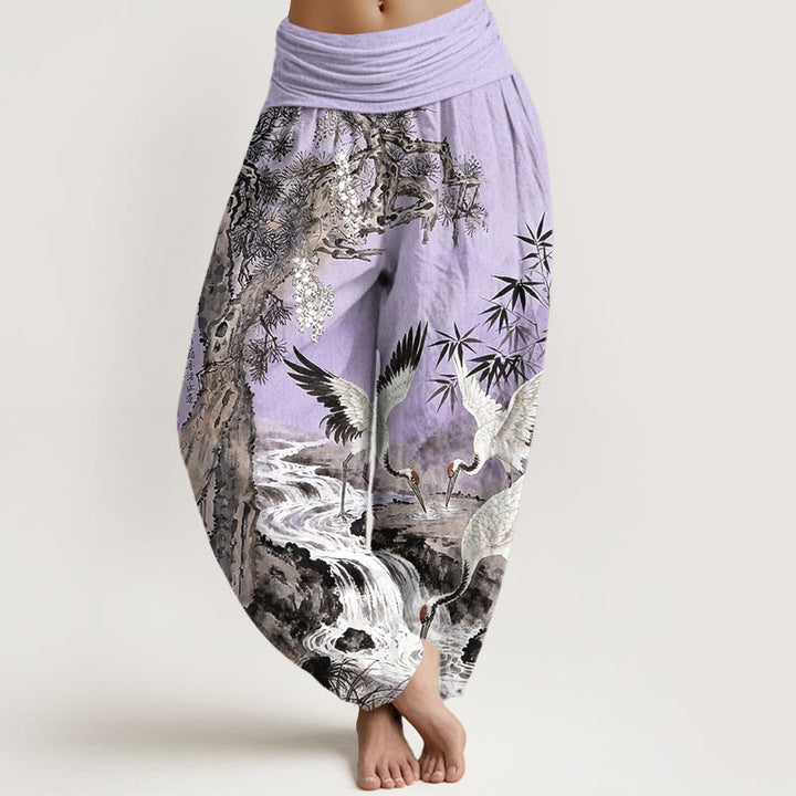 Pantalon harem pour femme, taille élastique, en pur coton, motif grue à couronne rouge et Buddha Stones - Violet moyen - US16，UK/AU20，EU48 (3XL) - image 8