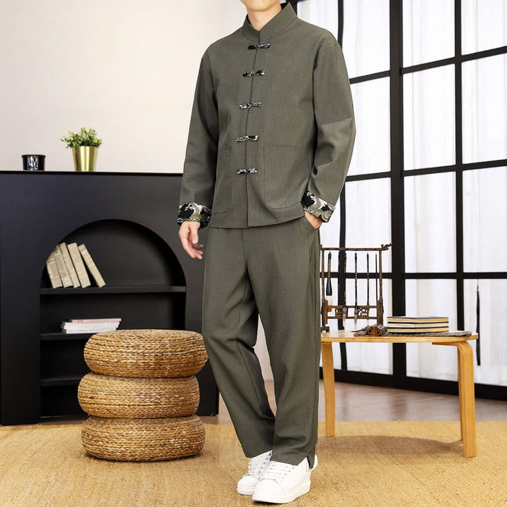 Ensemble de vêtements pour homme Buddha Stones 2 pièces Tang Suit, chemise à manches longues et pantalon à boutons grenouille, motif vagues. - Kaki foncé - US/UK/AU44，EU54 (4XL) - image 8