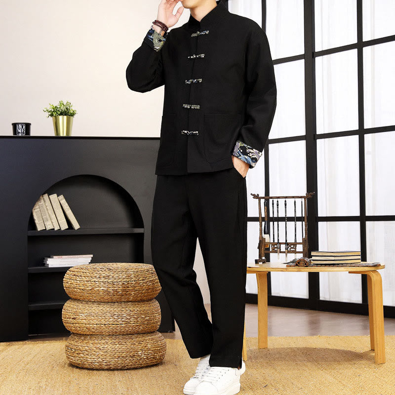 Ensemble de vêtements pour homme Buddha Stones 2 pièces Tang Suit, chemise à manches longues et pantalon à boutons grenouille, motif vagues. - Noir - US/UK/AU44，EU54 (4XL) - image 11