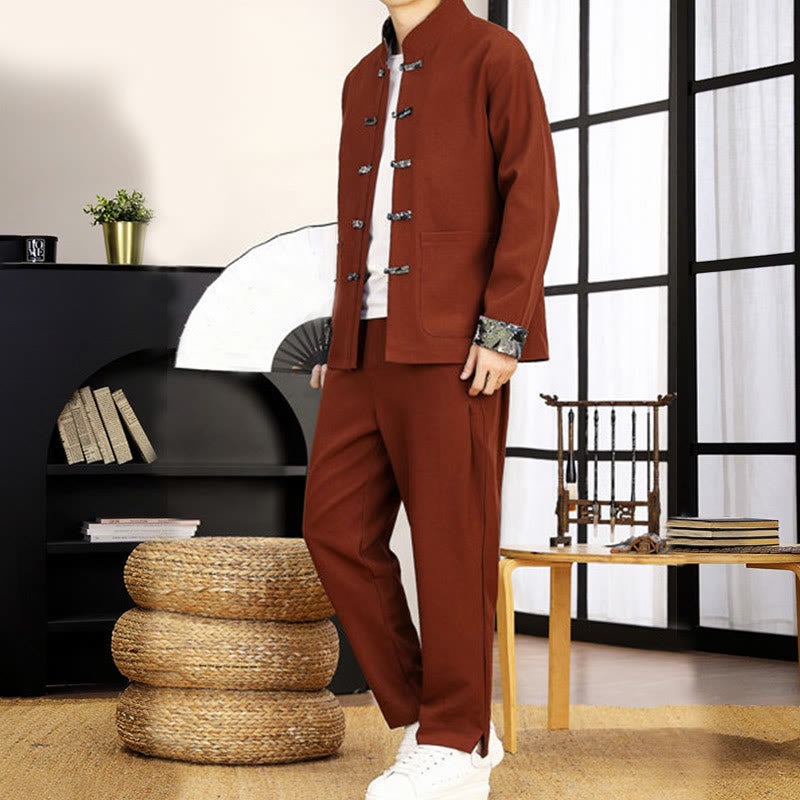 Ensemble de vêtements pour homme Buddha Stones 2 pièces Tang Suit, chemise à manches longues et pantalon à boutons grenouille, motif vagues. - image 1
