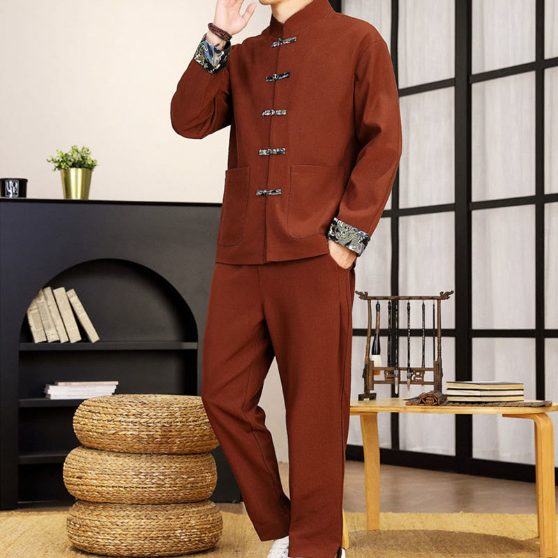 Ensemble de vêtements pour homme Buddha Stones 2 pièces Tang Suit, chemise à manches longues et pantalon à boutons grenouille, motif vagues. - image 2