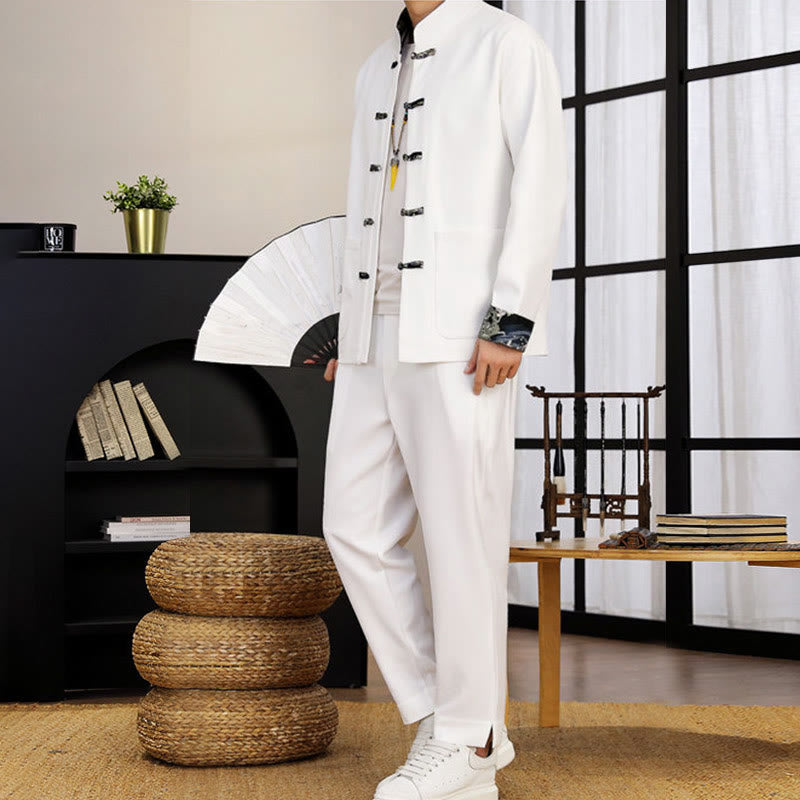 Ensemble de vêtements pour homme Buddha Stones 2 pièces Tang Suit, chemise à manches longues et pantalon à boutons grenouille, motif vagues. - image 6