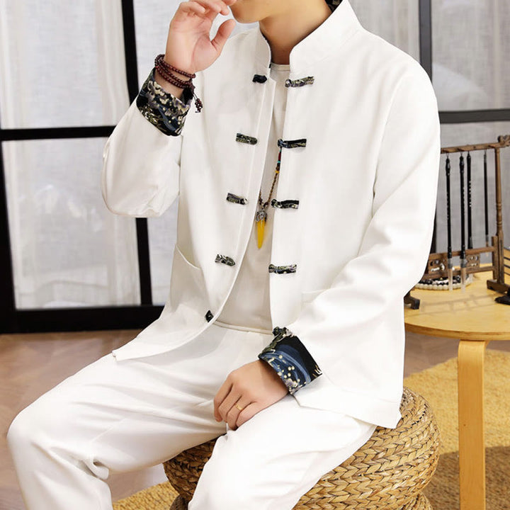 Ensemble de vêtements pour homme Buddha Stones 2 pièces Tang Suit, chemise à manches longues et pantalon à boutons grenouille, motif vagues. - image 7