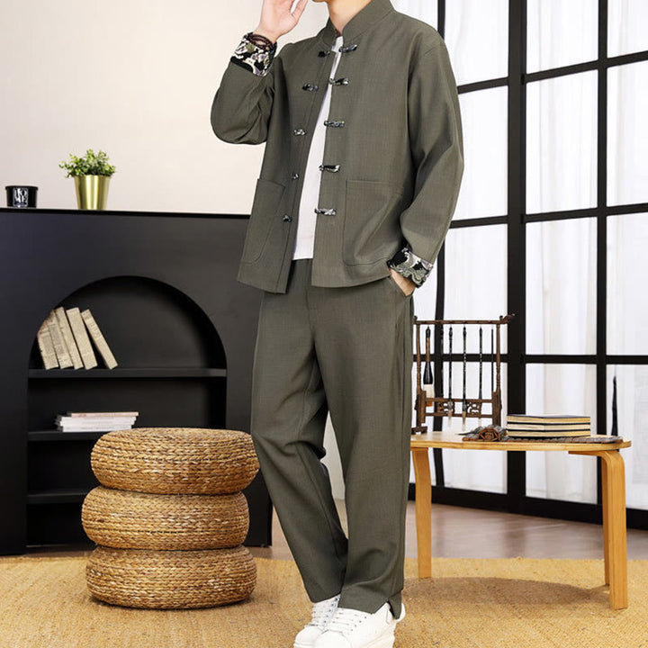 Ensemble de vêtements pour homme Buddha Stones 2 pièces Tang Suit, chemise à manches longues et pantalon à boutons grenouille, motif vagues. - image 9