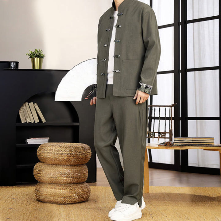 Ensemble de vêtements pour homme Buddha Stones 2 pièces Tang Suit, chemise à manches longues et pantalon à boutons grenouille, motif vagues. - image 10