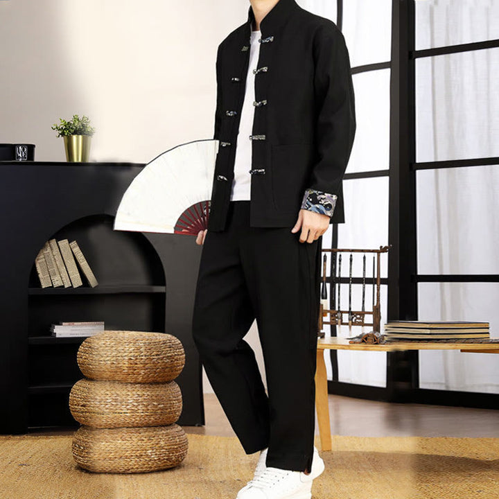 Ensemble de vêtements pour homme Buddha Stones 2 pièces Tang Suit, chemise à manches longues et pantalon à boutons grenouille, motif vagues. - image 12