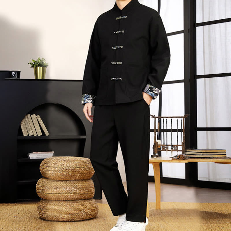 Ensemble de vêtements pour homme Buddha Stones 2 pièces Tang Suit, chemise à manches longues et pantalon à boutons grenouille, motif vagues. - image 13