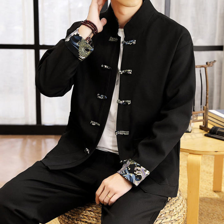 Ensemble de vêtements pour homme Buddha Stones 2 pièces Tang Suit, chemise à manches longues et pantalon à boutons grenouille, motif vagues. - image 15