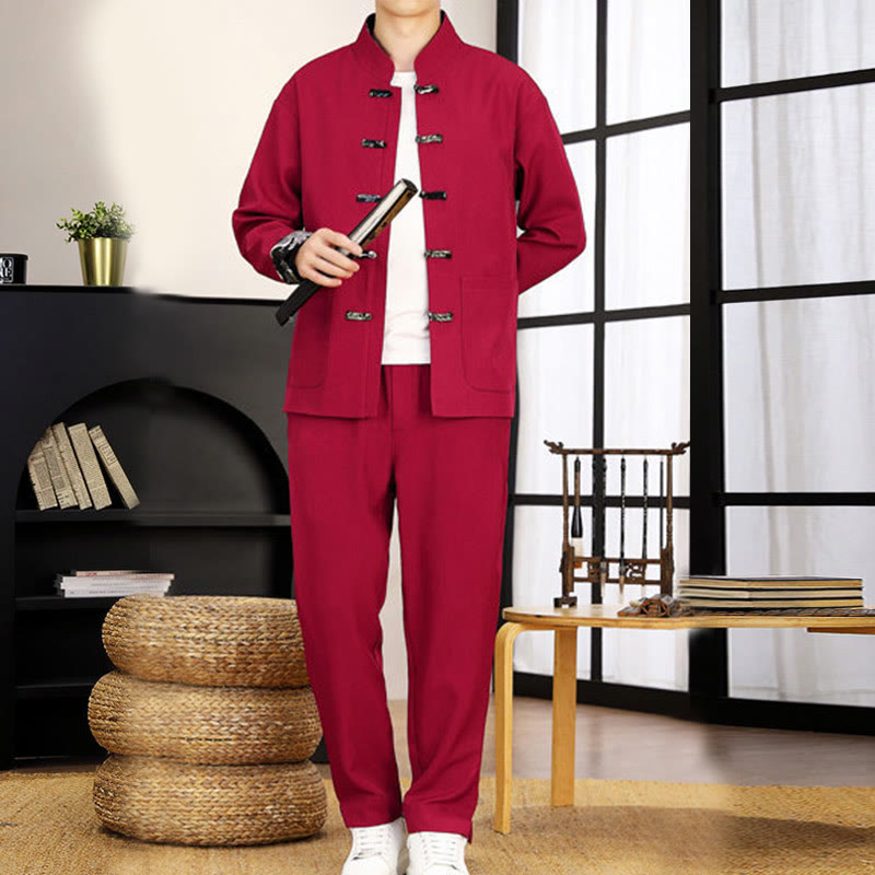 Ensemble de vêtements pour homme Buddha Stones 2 pièces Tang Suit, chemise à manches longues et pantalon à boutons grenouille, motif vagues. - image 24