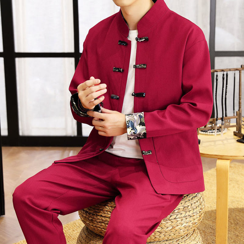 Ensemble de vêtements pour homme Buddha Stones 2 pièces Tang Suit, chemise à manches longues et pantalon à boutons grenouille, motif vagues. - image 26