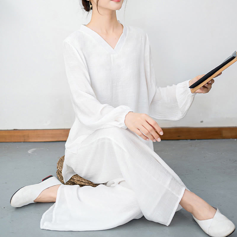 Ensemble de méditation pour femme : T-shirt blanc à manches longues et col en V, pantalon large, Buddha Stones (2 pièces). - image 8