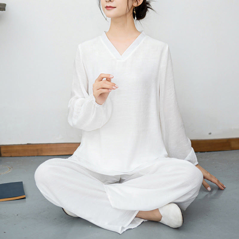 Ensemble de méditation pour femme : T-shirt blanc à manches longues et col en V, pantalon large, Buddha Stones (2 pièces). - image 9
