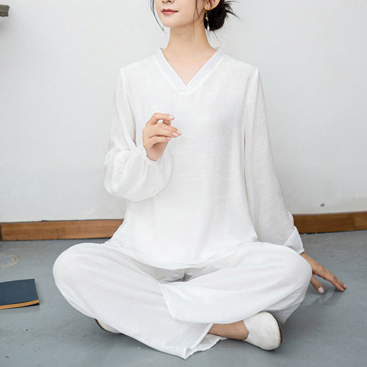 Ensemble de méditation pour femme : T-shirt blanc à manches longues et col en V, pantalon large, Buddha Stones (2 pièces). - image 9