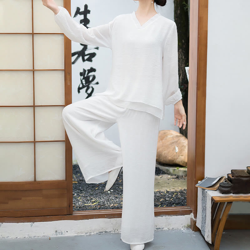 Ensemble de méditation pour femme : T-shirt blanc à manches longues et col en V, pantalon large, Buddha Stones (2 pièces). - image 2