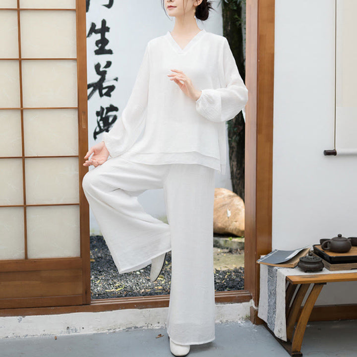 Ensemble de méditation pour femme : T-shirt blanc à manches longues et col en V, pantalon large, Buddha Stones (2 pièces). - Blanc - US8-10，UK/AU12-14，EU40-42 (2XL) - image 0