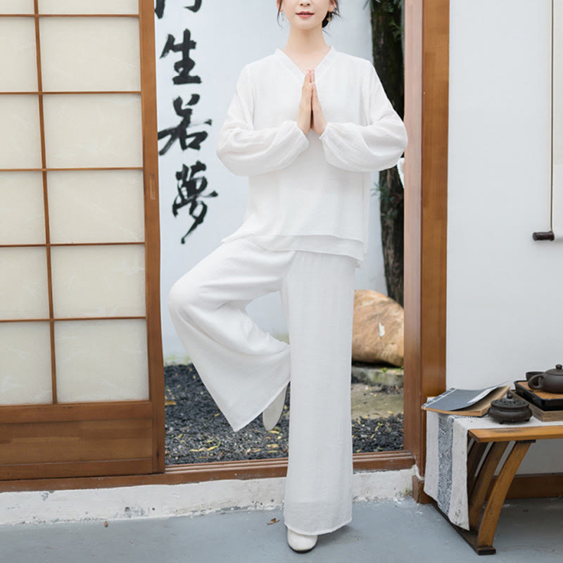 Ensemble de méditation pour femme : T-shirt blanc à manches longues et col en V, pantalon large, Buddha Stones (2 pièces). - image 1