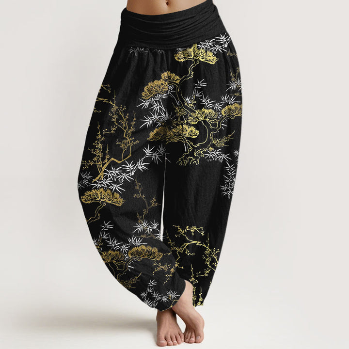 Pantalon harem pour femme, taille élastique, en pur coton, motif Buddha Stones, pin, bambou et prunier - Noir - US16，UK/AU20，EU48 (3XL) - image 0