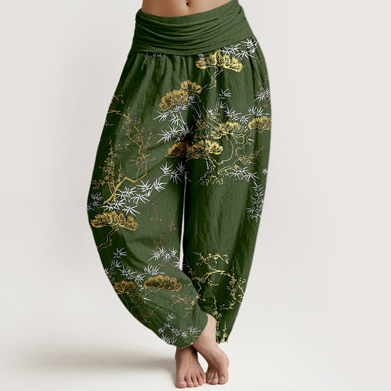 Pantalon harem pour femme, taille élastique, en pur coton, motif Buddha Stones, pin, bambou et prunier - Vert olive foncé - US16，UK/AU20，EU48 (3XL) - image 5