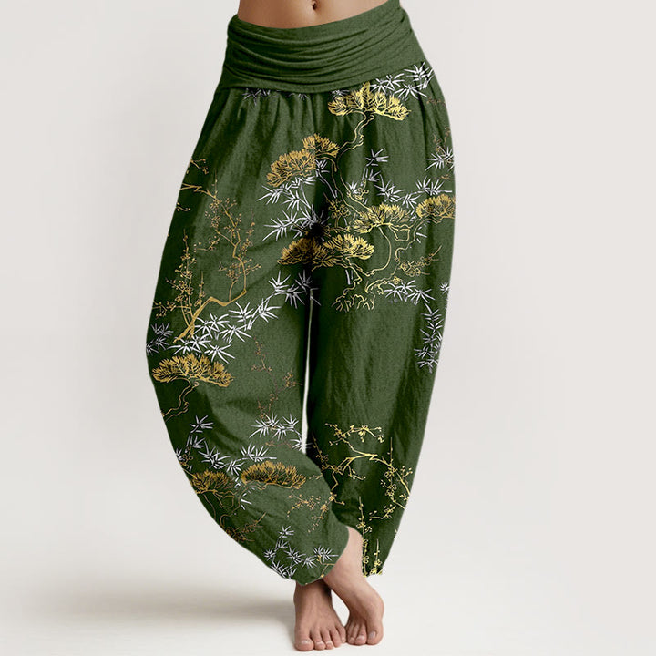 Pantalon harem pour femme, taille élastique, en pur coton, motif Buddha Stones, pin, bambou et prunier - Vert olive foncé - US16，UK/AU20，EU48 (3XL) - image 5