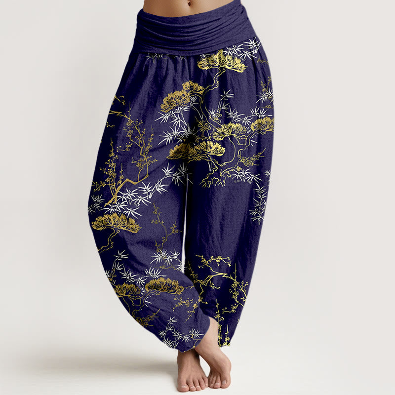 Pantalon harem pour femme, taille élastique, en pur coton, motif Buddha Stones, pin, bambou et prunier - Bleu nuit - US16，UK/AU20，EU48 (3XL) - image 8