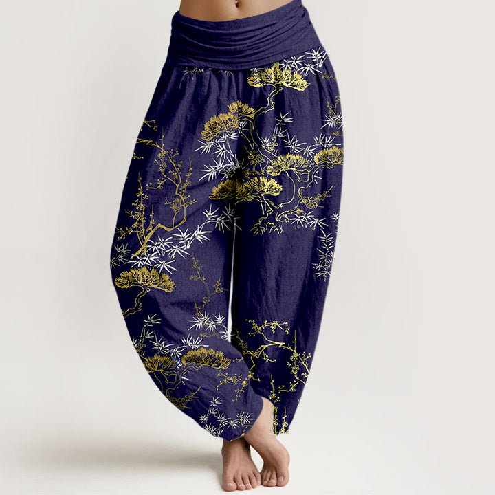 Pantalon harem pour femme, taille élastique, en pur coton, motif Buddha Stones, pin, bambou et prunier - Bleu nuit - US16，UK/AU20，EU48 (3XL) - image 8