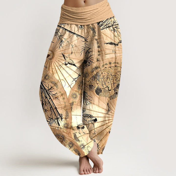 Pantalon harem pour femme, taille élastique, en pur coton, motif parapluie, grue et bambou, orné de Buddha Stones - verge d'or - US16，UK/AU20，EU48 (3XL) - image 0