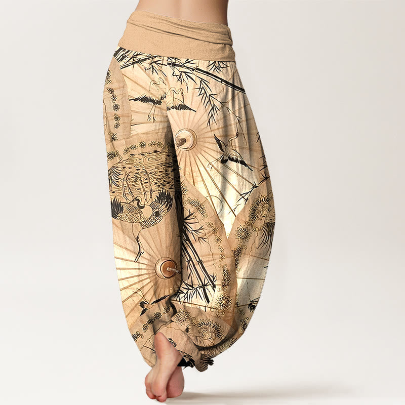 Pantalon harem pour femme, taille élastique, en pur coton, motif parapluie, grue et bambou, orné de Buddha Stones - image 1