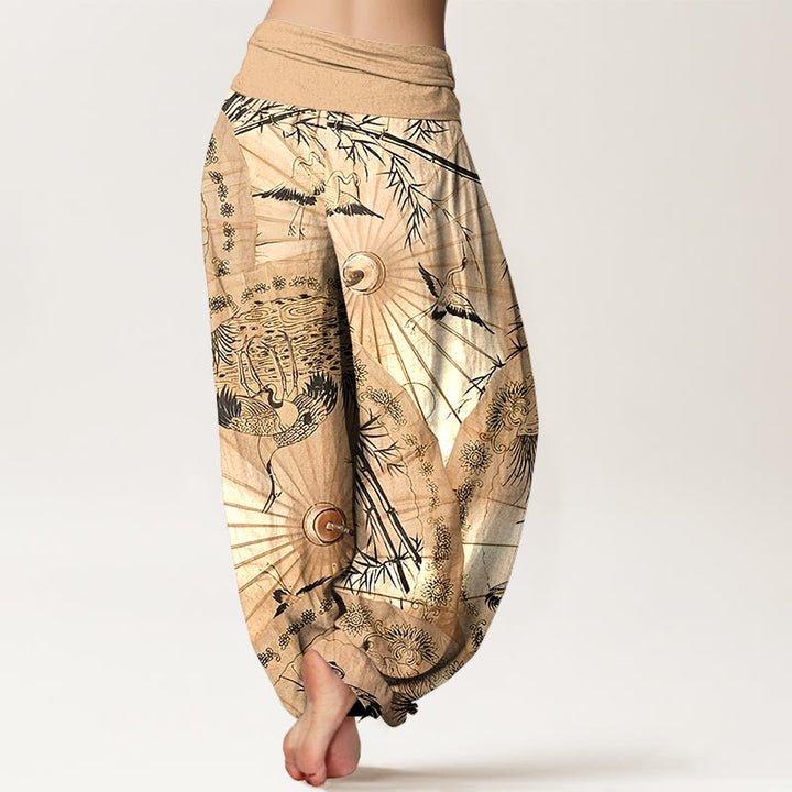 Pantalon harem pour femme, taille élastique, en pur coton, motif parapluie, grue et bambou, orné de Buddha Stones - image 1