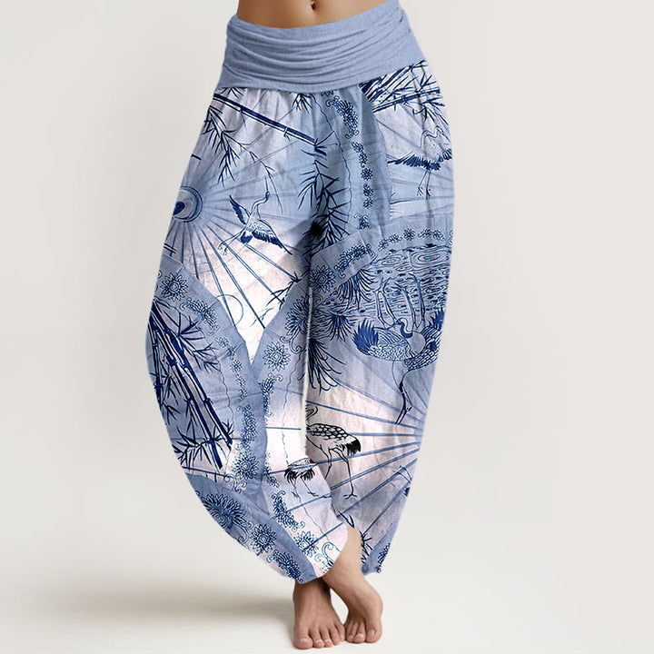 Pantalon harem pour femme, taille élastique, en pur coton, motif parapluie, grue et bambou, orné de Buddha Stones - Bleu ciel - US16，UK/AU20，EU48 (3XL) - image 5
