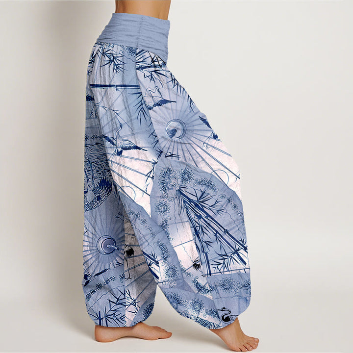Pantalon harem pour femme, taille élastique, en pur coton, motif parapluie, grue et bambou, orné de Buddha Stones - image 7