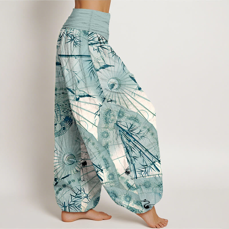 Pantalon harem pour femme, taille élastique, en pur coton, motif parapluie, grue et bambou, orné de Buddha Stones - image 10